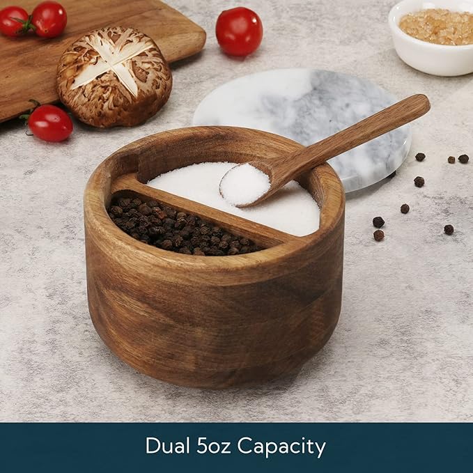KITCHENDAO Acacia Wood Salt and Pepper Box Cellar Bowl with Grey Marble Lid and Built-in Spoon, Large Salt Container Cellar Storage Herb Sea Bath Salt Spice, Dual 5Oz Capacity
