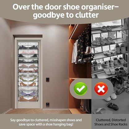 PAULONE 12 Pocket Over the Door Shoe Organizer,Reusable Breathable Large Mesh Bag Men's & Women's Sneaker Organizer,Shoe Organizer for Kids,Hanging Shoe Storage Hanging Bag (White)