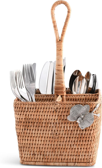 Vagabond House Utensil Caddy - Elegant Rattan Cutlery Holder for Party, Designer Utensil Holder with 4 Compartments, Functional Wicker with Pewter Orchid Flower, Ideal for Tropical Home 12 Inches