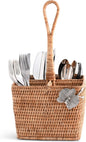 Vagabond House Utensil Caddy - Elegant Rattan Cutlery Holder for Party, Designer Utensil Holder with 4 Compartments, Functional Wicker with Pewter Orchid Flower, Ideal for Tropical Home 12 Inches