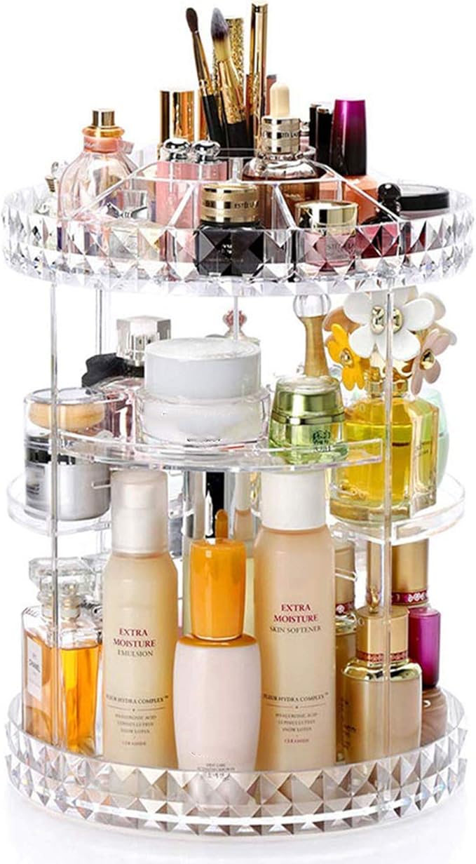 PJLANDI Acrylic 360 Rotating Makeup Organizer, Cosmetic Storage holder shelf rack Perfume in Bathroom Dresser Diamond Pattern for skin care stand