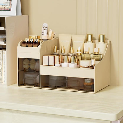 Makeup Organizer with Drawers,Large Cosmetic Storage Box,Countertop Skincare Organizer,ABS Makeup Brush Holder for Bathroom,Desk,Dresser,Multifunctional Beauty Display Case,Cream transparent