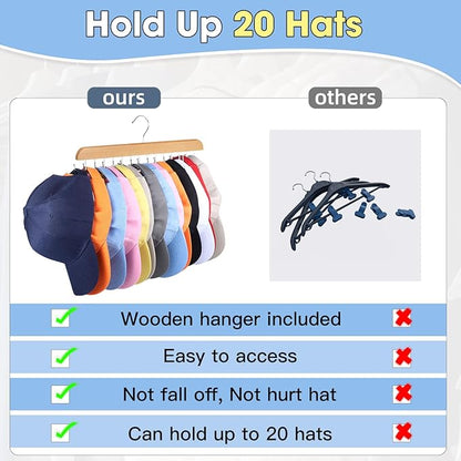 Hat Hangers for Closet, 2 Pack Hat Organizer for Baseball Caps with 14 Hooks Space Saving Hat Racks Ball Caps Hat Holder Organizer Tie Belt Hanger for Closet Storage Solution (Wood)
