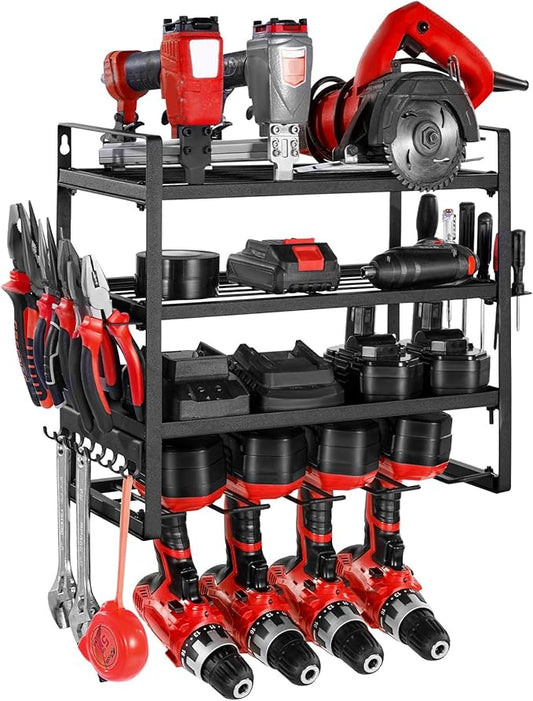 VEVOR Power Tool Organizer Wall Mount, 4-Layer Storage Rack with 4 Drill Holders, Tools Holder and Storage Rack with Screwdriver Holder, Garage Tool Organizer for Garage, Workbench, and Workshop