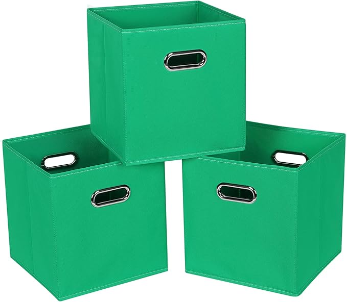 Fabric Cloth Storage Bins,Fabric Cube Bins Organizer with Dual Handles Foldable Cube Storage Baskets for Home Bedroom Storage,Set of 3,(Green)