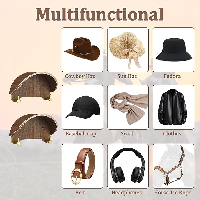 Cowboy Hat Rack for Wall（2-Pack）, Walnut Wood Cowboy Hat Holder & Hat Hooks for Wall, Non-Damaging Shape-Preserving Design for Wide Brim Hats, Compatible with Various Wall Surfaces