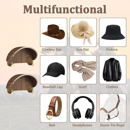 Cowboy Hat Rack for Wall（2-Pack）, Walnut Wood Cowboy Hat Holder & Hat Hooks for Wall, Non-Damaging Shape-Preserving Design for Wide Brim Hats, Compatible with Various Wall Surfaces