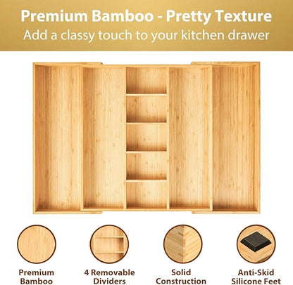 Umilife Extra Large Expandable Kitchen Drawer Organizer for Utensil and Junk, 19" Deep for Big Drawer, 17" to 28" Adjustable Bamboo Wood Drawer Divider, Cutlery Tray, Flatware Holder