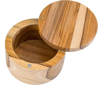 Lipper International Teak Wood Salt or Spice Box with Swivel Cover, 3.6" Diameter x 2.375" Tall