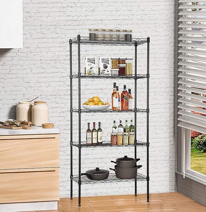 Wire Shelves 5-Tier Metal Storage Shelves 47.6" H x 21.5" x 11.6" Adjustable Wire Rack Shelf NSF Shelving Unit for Kitchen Storage Pantry Laundry, 750LB Capacity, Black