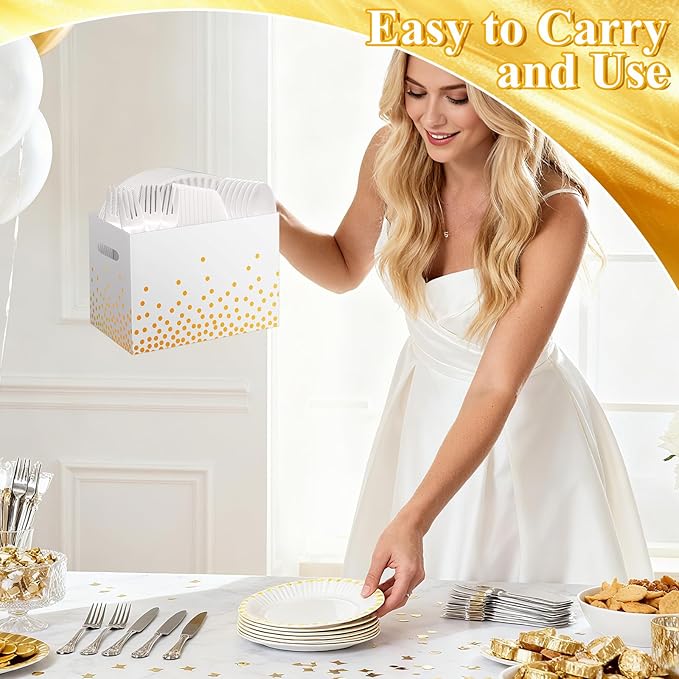 2PCS White and Gold Utensil Holder Paper Utensil Caddy for Engagement Party Supplies Cutlery Holder with Handles Wedding Party Favors Snack Box Disposable Cutlery Caddy for Birthday Decorations