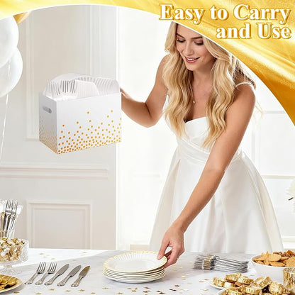 2PCS White and Gold Utensil Holder Paper Utensil Caddy for Engagement Party Supplies Cutlery Holder with Handles Wedding Party Favors Snack Box Disposable Cutlery Caddy for Birthday Decorations