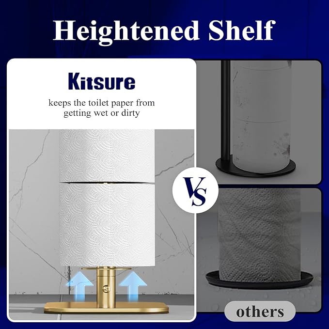 Kitsure Toilet Paper Holder Free Standing – Rustproof Metal Toilet Paper Stand for 4 Rolls with Anti-Slip Base and Shelf for Phone & Small Items, Bathroom Organizers and Storage, Medium, Chrome Gold