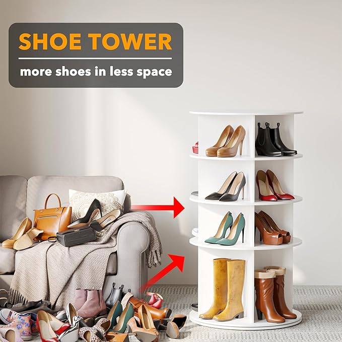 SpaceAid Rotating Shoe Rack 4 Tier Organizer, High Bottom Design Shoe Tower Spinning Storage Lazy Susan, Revolving Rack 360, Closet Handbag Display Rotate Organizers (White)