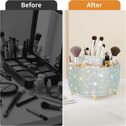 fanado Bling 360° Rotate Makeup Brush Holder Organizer, Makeup Organizers Countertop, Makeup organization and Skincare Storage for Vanity, Gift for Women Girls (Bling dz-White AB)