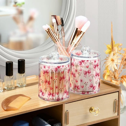 ALAZA 4pcs Pink Bow and Pink Flowers Pattern Qtip Holder Dispenser 14 oz Bathroom Storage Clear Apothecary Jars Containers Cotton Ball,Cotton Rounds,Floss Picks, Hair Clips, Food