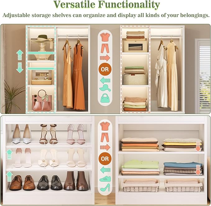Besiost Closet System, 4.2–8.8 FT Closet Organizer with 2 Wooden Drawers and Shelves, Walk-in Closet System with 5 Hang Rods, Built-in Reach in Closet Tower, Can Fit 60 to 96 inch, White