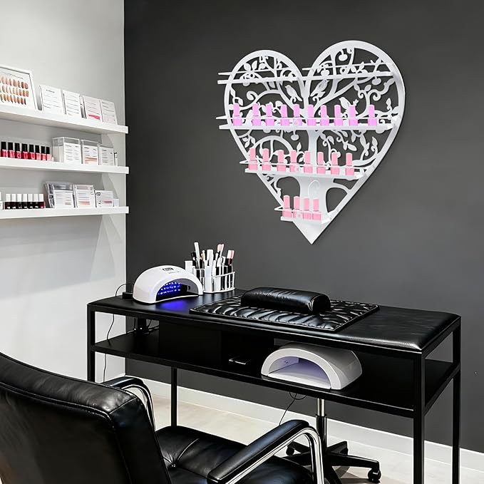 Metal Nail Polish Storage Rack, Wall Mounted Cosmetic Display Case, Lipstick Shelf, Essential Oil Organizer for Bottles, Spa Nail Salon (White)