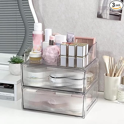 3-Tiers Makeup Organizer with Drawer, Stackable Skincare Storage Box for Vanity and Bathroom, Beauty Essentials, Cosmetic Brushes, Perfume Stand, Large Lipsticks Holder