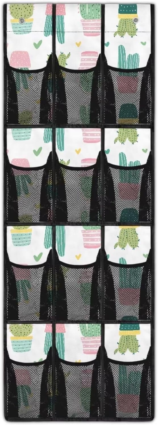 Cactus Behind the Door Storage Organizer with 12 Mesh Pockets Hanging Shoe Organizer for College Dorm Room Easy to Install Closet Door Holder Hanger Storage Bag Rack for Shoe