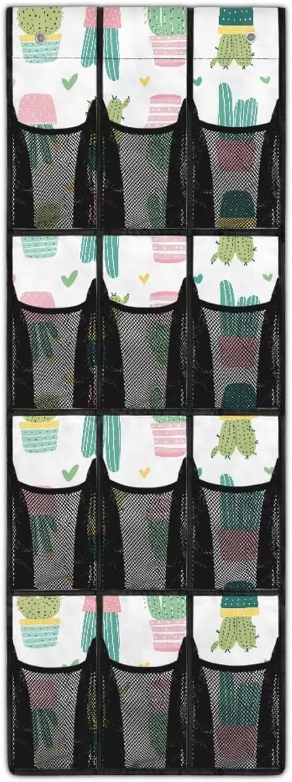 Cactus Behind the Door Storage Organizer with 12 Mesh Pockets Hanging Shoe Organizer for College Dorm Room Easy to Install Closet Door Holder Hanger Storage Bag Rack for Shoe