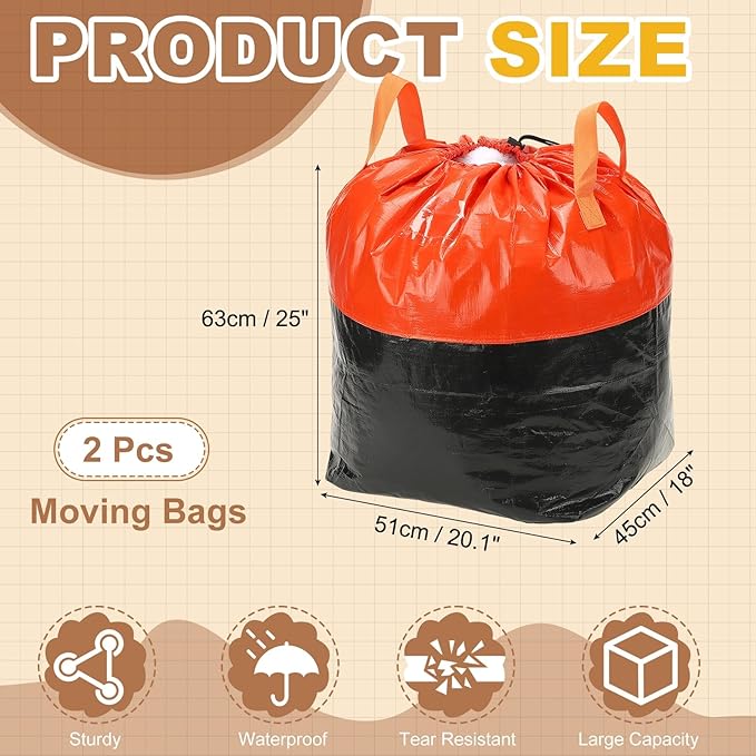 uxcell 2Pcs Extra Large Moving Bags, 20 x 18 x 24.4" Heavy Duty Woven Clothes Storage Totes Waterproof Packing Bags with Elastic Band and Handle for Home Camping Packing Quilts, Orange
