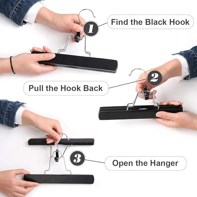 Pack of 5 Wooden Pants Hangers Non Slip Skirt Hangers Wig Hair Extension Hanger with 360° Swivel Hook Clip Hangers (Z- 5 Pack Hangers Black)