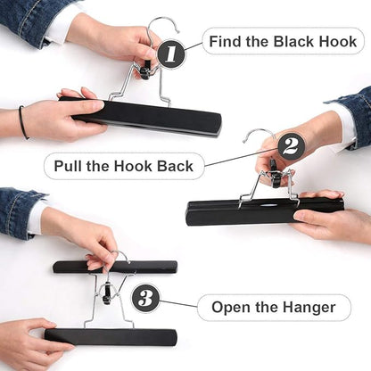 Pack of 5 Wooden Pants Hangers Non Slip Skirt Hangers Wig Hair Extension Hanger with 360° Swivel Hook Clip Hangers (Z- 5 Pack Hangers Black)