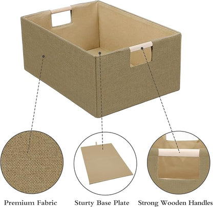 Foldable Fabric Storage Cubes, Cloth Storage Baskets with Wooden Handles, Shelf Closet Organizer Bins, Rectangular Linen Storage Boxes for Decor, 16.5 x 12.2 x 6.7 Inches