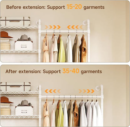 L2 Wall Mounted Closet System, Industrial Pipe Clothing Rack Clothes Racks with 2 Telescopic Rod & 6 Shelves, Heavy Duty Closet Organizers System in Wardrobe Closet, White