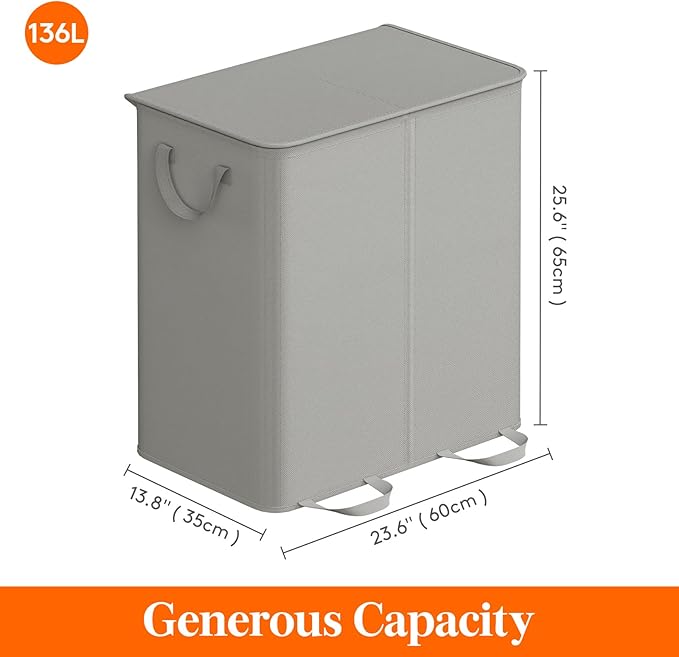 Lifewit Double Laundry Hamper with Lid and Removable Laundry Bags, Large Collapsible 2 Dividers Dirty Clothes Basket with Handles for Bedroom Laundry Room Closet Bathroom College, 136L Silver Gray