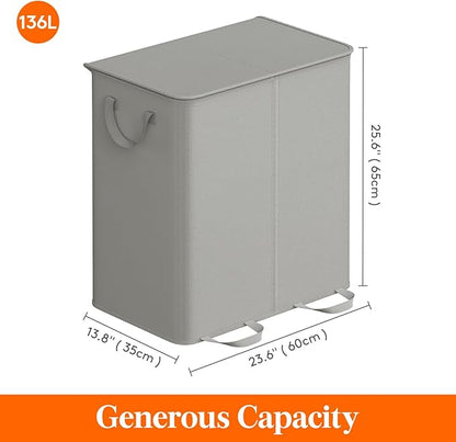 Lifewit Double Laundry Hamper with Lid and Removable Laundry Bags, Large Collapsible 2 Dividers Dirty Clothes Basket with Handles for Bedroom Laundry Room Closet Bathroom College, 136L Silver Gray
