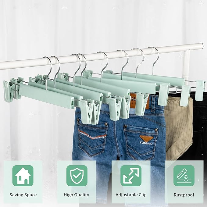 Skirt Hangers, Pants Hangers with Clips，360 ° Swivel Hooks Space Saving Hangers for Pants, Skirts, Clothes, Jeans (30 Pack, Light Green)
