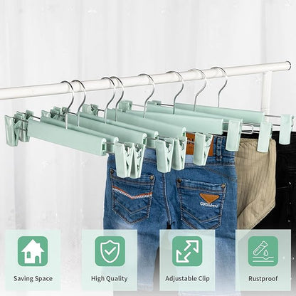 10 Pack Skirt Hangers，Pants Hangers with Clips，360 ° Swivel Hooks Space Saving Hangers for Pants, Skirts, Clothes, Jeans，Light Green