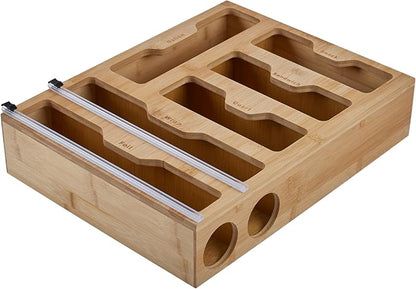 Kitchen Details Drawer Organizer | Multiple Food Storage Bag Compartments | Stores Up to 6 sizes | Kitchen Organization | Built In Slide Cuttlers | Bamboo