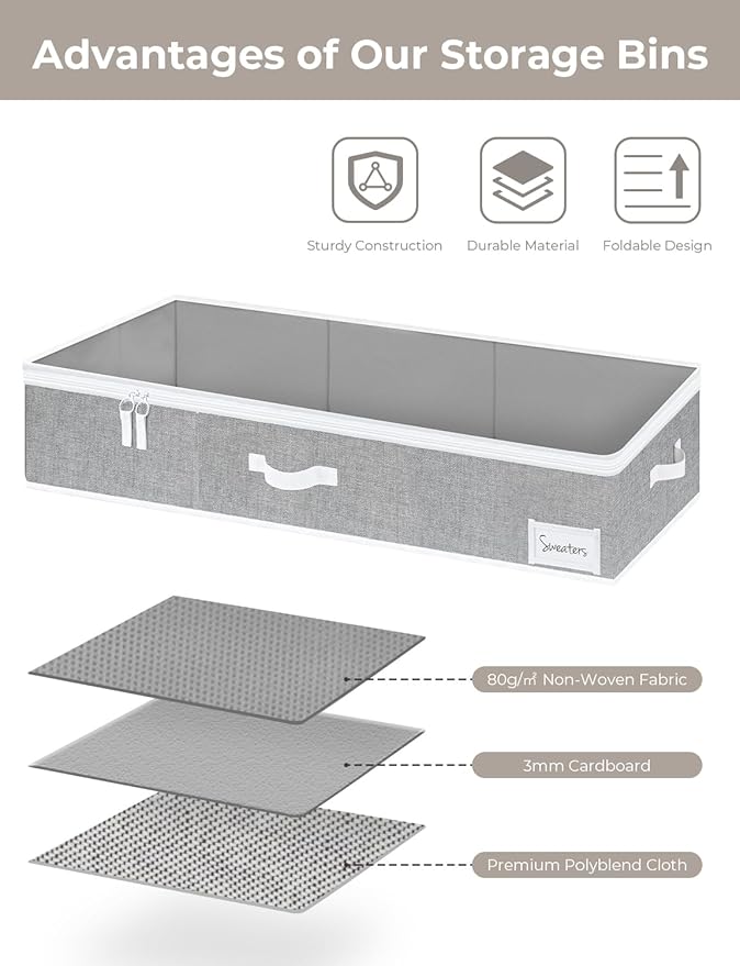 StorageWorks Extra Large Under Bed Storage Containers with Handles and Label Holder, 2 Pack Ultra-thick Fabric Underbed Bins, Closet Organizer for Clothes, Blankets, Sweater