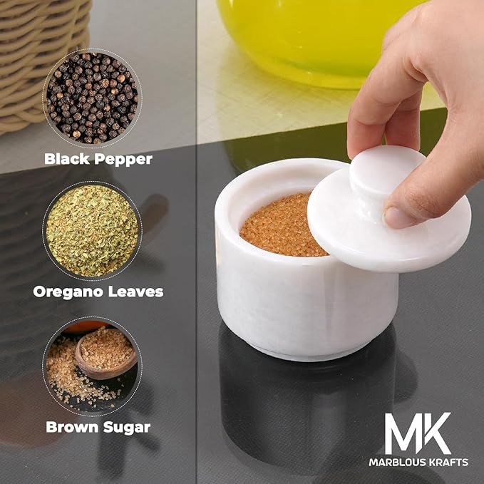 MARBLOUS KRAFTS Marble Salt Cellar with Lid 3" Inch White Salt Box, Stone Salt Container & Spice Jars, Stone Salt Holder for Counter, Spice Jar & Salt Jar