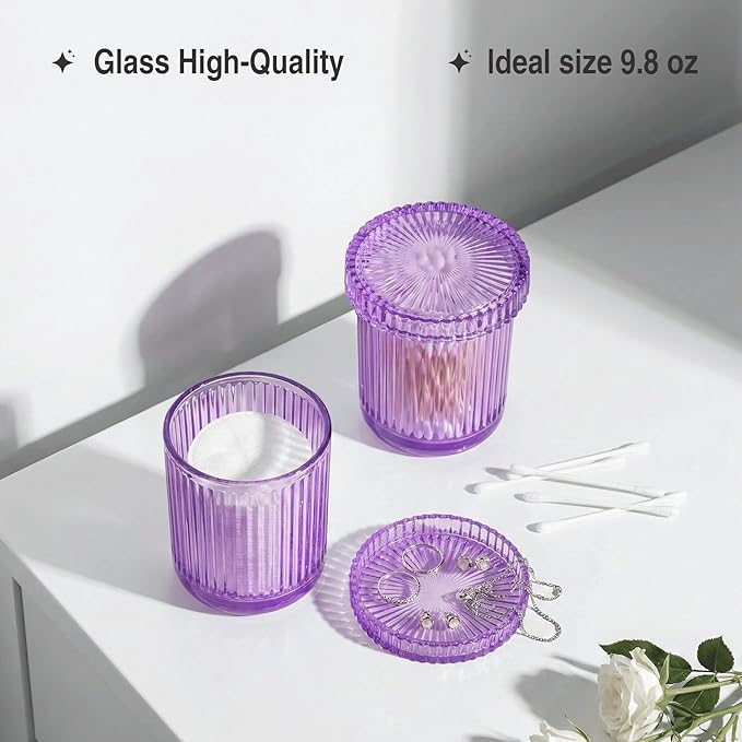2 Pack Qtip Holder - Apothecary Jars with Lids, Bathroom Organizers and Storage Canister for Cotton Balls,Swabs,Floss Picks,Hair Ties,Clear Glass Vintage Bathroom Decor Jar Set (purple)