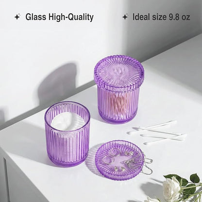 2 Pack Qtip Holder - Apothecary Jars with Lids, Bathroom Organizers and Storage Canister for Cotton Balls,Swabs,Floss Picks,Hair Ties,Clear Glass Vintage Bathroom Decor Jar Set (purple)