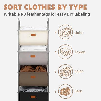 STORAGE MANIAC Vertical Rolling Laundry Hamper, 4 Section Laundry Sorter with Wheels and 2 Breaks, 4-tier Laundry Baskets for Small Space, Dorm, Laundry Room, Closet, Multicolored 4-tier