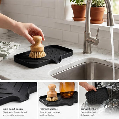 MicoYang Silicone Bathroom Soap Dishes with Drain Spout-Bathroom and Kitchen Sink Organizer,Sponge Holder,Dish Soap Tray,Perfect for Dispenser,Scrubber,Bottle,Cup on Sink or Counter-Black 9.6"×5.3"