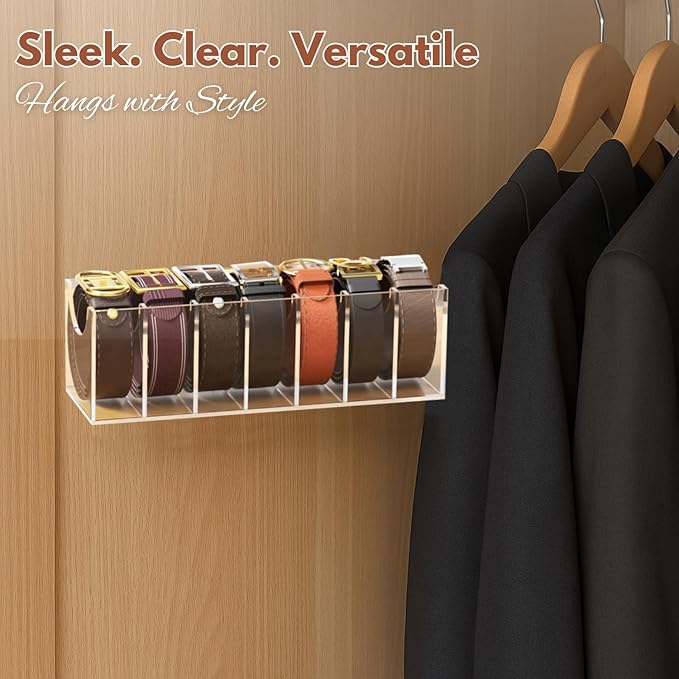 Acrylic Belt Organizer with 7 Compartments – Clear Belt Container Display Holder for Closet or Drawer, Ideal Storage Box for Belts, Ties, and Accessories for Men and Women, Home Use