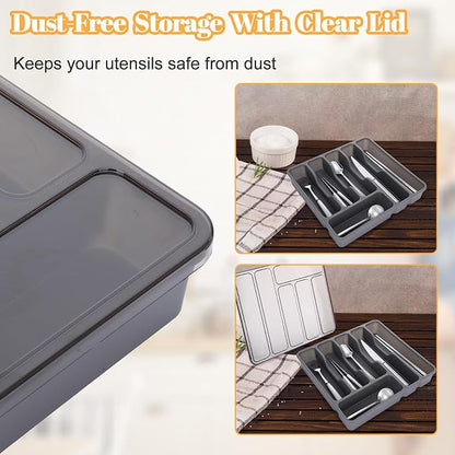 Silverware Organizer with Lid,Plastic Utensil Drawer Organizer,Covered Storage Box Flatware Cutlery Drawer Organizer,Utensil Organizer for Kitchen Drawers,Silverware Tray (Gray)