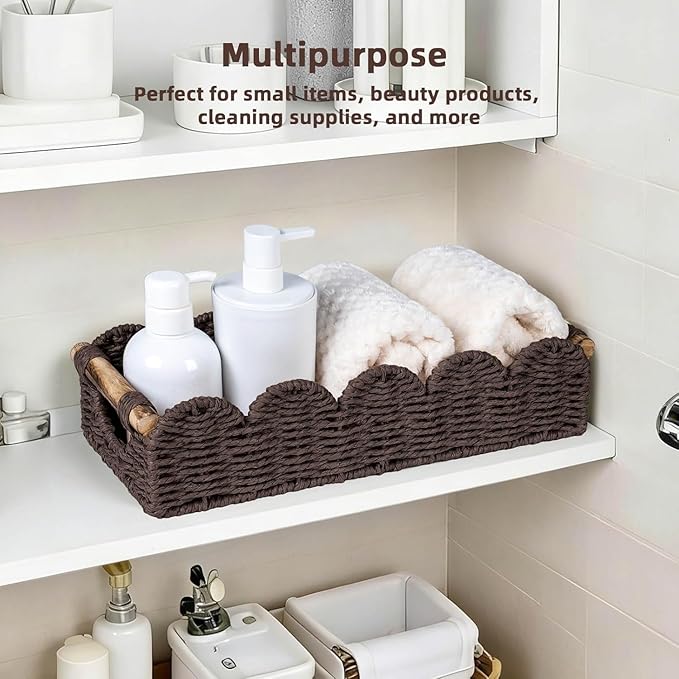 CubesLand Bathroom Basket Organizer w/Cut Out Handle, Back of Toilet Paper Storage Baskets for Bathroom Countertop Decorative, Small Scalloped Wicker Basket Also for Home Decor, Living Room, Brown