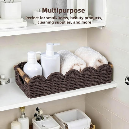 CubesLand Bathroom Basket Organizer w/Cut Out Handle, Back of Toilet Paper Storage Baskets for Bathroom Countertop Decorative, Small Scalloped Wicker Basket Also for Home Decor, Living Room, Brown