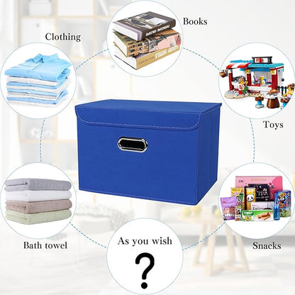 STOREONE Fabric Storage Cube Bins Foldable Organizer Container Collapsible Basket with Lids and Metal Handles, for Home, Bedroom, Closet 8 Pcs (Dark Blue)