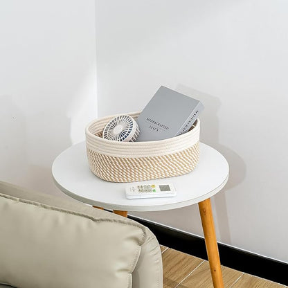 CubesLand Small Storage Baskets for Shelves, Closet Organization Bins Empty Gift Basket 2 Packs Baby Nursery Woven Organizing, Rectangular Clothes Shelves Off White/Mixed Camel