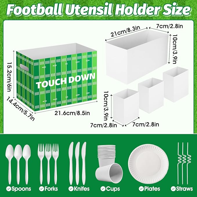 2PCS Football Utensil Holder Paper Utensil Caddy for Football Party Supplies Cutlery Holder with Handles Green Brown Party Favors Snack Box Disposable Cutlery Caddy for Sports Birthday Decorations