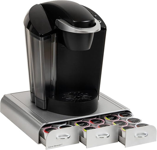 Mind Reader Single Serve Coffee Pod Organizer with 3 Drawers, 36 Pod Capacity, Countertop, 13.5"L x 12.25"W x 2.5"H, Silver