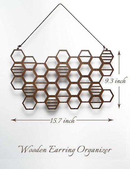 Heesch Honeycomb Earring Organizer Wall Mount Display Wood Hanging Jewelry Organizer for Stud Earrings, Necklaces (Walnut)